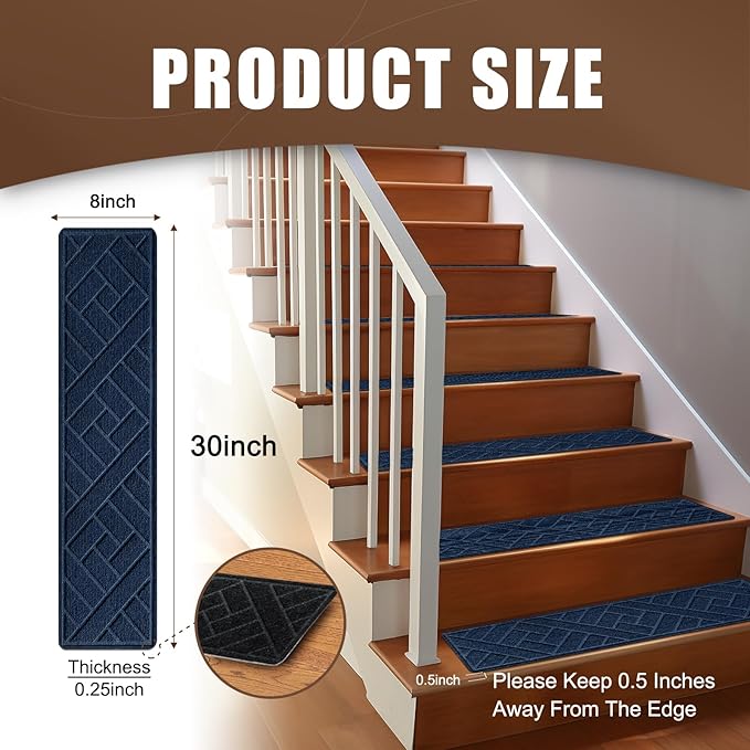 Non-Slip Carpet Stair Treads for Indoor Wooden Steps, Made of Polyester and Reusable Adhesive, Suitable for Kids Elders and Pets of 15 Pack 8 "X 30" （Navy Lines）