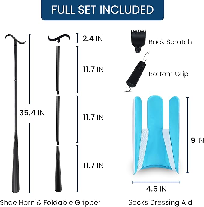 Premium 3 Dressing Aid Kit Shoe Horn Sock Aids for Putting on Long Handle Helper Seniors Assistant Device No Bending Disability Tool Pregnancy Scratcher Zipper Button Limited Mobility