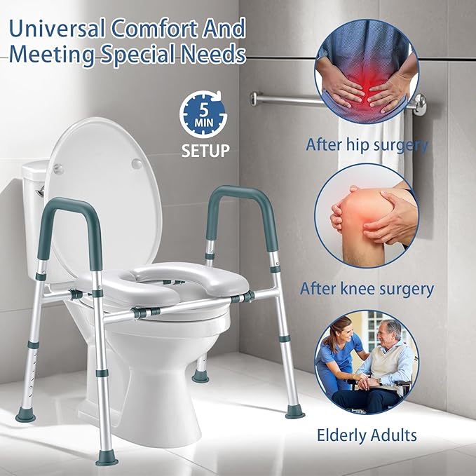 Raised Toilet Seat with Handles, FSA HSA Eligible Toilet Seat Riser for Seniors with Adjustable Height & Width, 400lb Padded Elevated Toilet Seat for Elderly, Handicap and Disabled, Fit Any Toilet