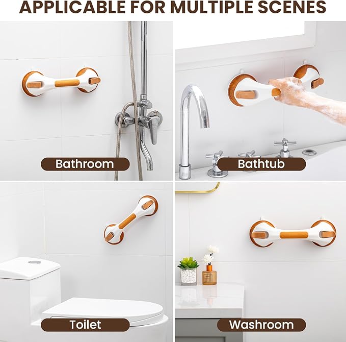 TAILI Grab Bars for Bathtubs and Showers 2 Pack Suction Grab Bar, Heavy Duty Shower Handle Removable Bath Handrails for Seniors and Elderly, Bathroom Safety Grip No Drilling Waterproof, Wood Grain