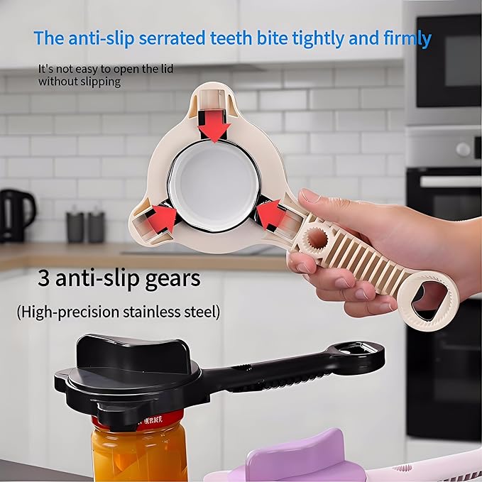4-in-1 Adjustable Jar Opener for Seniors with Arthritis – Stainless Steel Lid & Bottle Opener, Ergonomic Easy Grip, Fits 1–4 Inch Caps, Heavy Duty Kitchen Can Opener Tool (Gray)