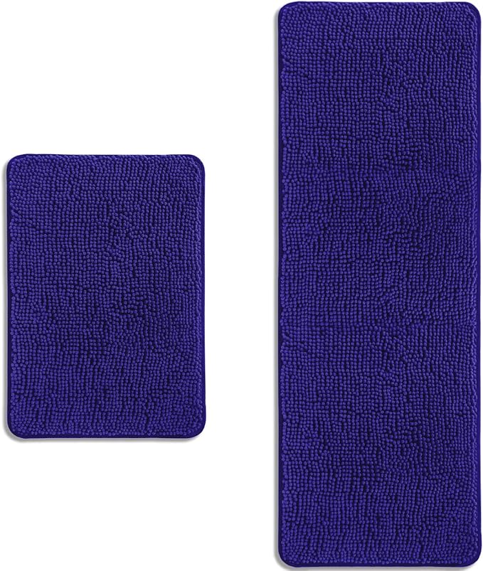 Bathroom Rugs Sets 2 Piece – Absorbent and Washable Bath Mat, Non-Slip, Thick Soft Chenille Bath Rugs for Bathroom Floor, Shower, Sink(17" x 24"+17" x 47", Royal Blue)