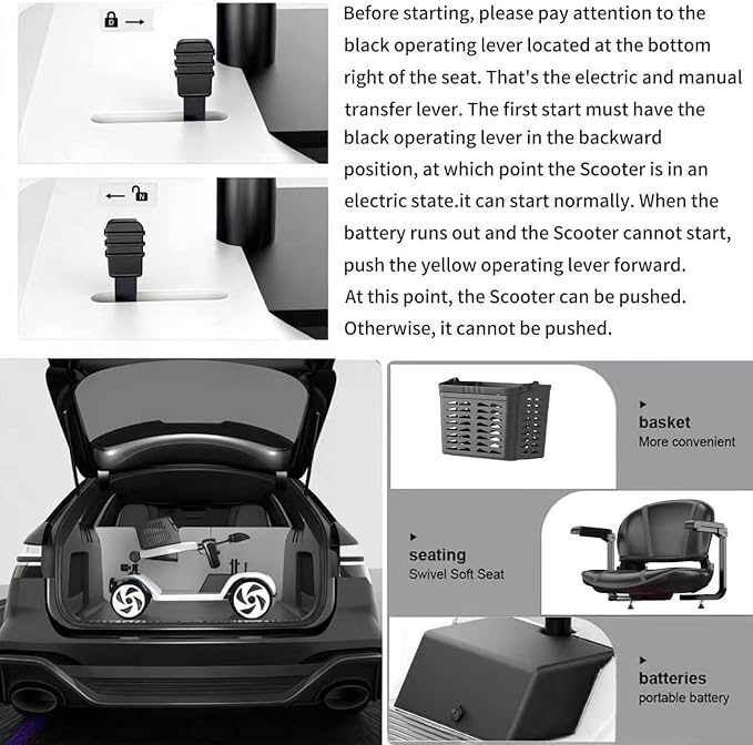 Mobility Scooter for Adults, Elderly. 20A Wheelchair Device for Travel with Removable Battery and Two Baskets (Y3-White)