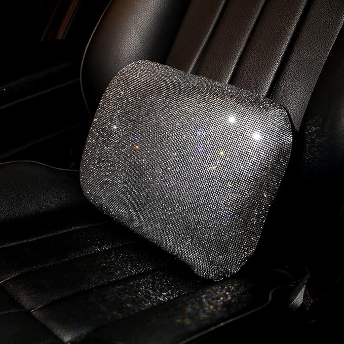 Carwales Lumbar Support Pillow Summer Decorative for Car Soft Bling Accessories Sparkly Diamond Rhinestone for Women Girls, Universal Office Chair Lower Back Cushion Rubber Black