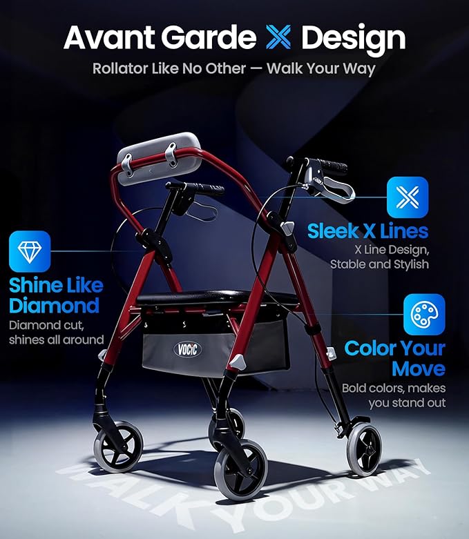 VOCIC Walkers for Seniors, Z11 Rollator Walker with Seat, Max 380 lbs, Avant Walkers with Ergo Seat & Backrest, Foldable Rollator Adjustable Height, All Terrain Walker, Lightweight