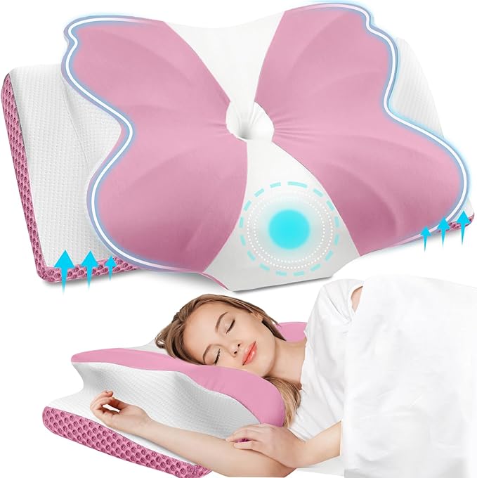 CloudBliss Cervical Memory Foam Pillow for Neck and Shoulder, Contour Neck Support Pillow with Cooling Case, Ergonomic Bed Pillow, Support for Side Back Stomach Sleepers (Pink, Standard Size)