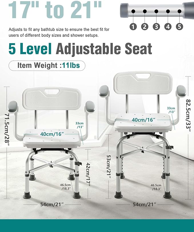 Lamberia Shower Chair for Inside Shower with Arms and Back, 500lbs Heavy Duty 360° Swivel Bathtub Seats, Height Adjustable Safety Bath Seat for Elderly, Adults, Handicap and Disabled(Adjustable Arms)