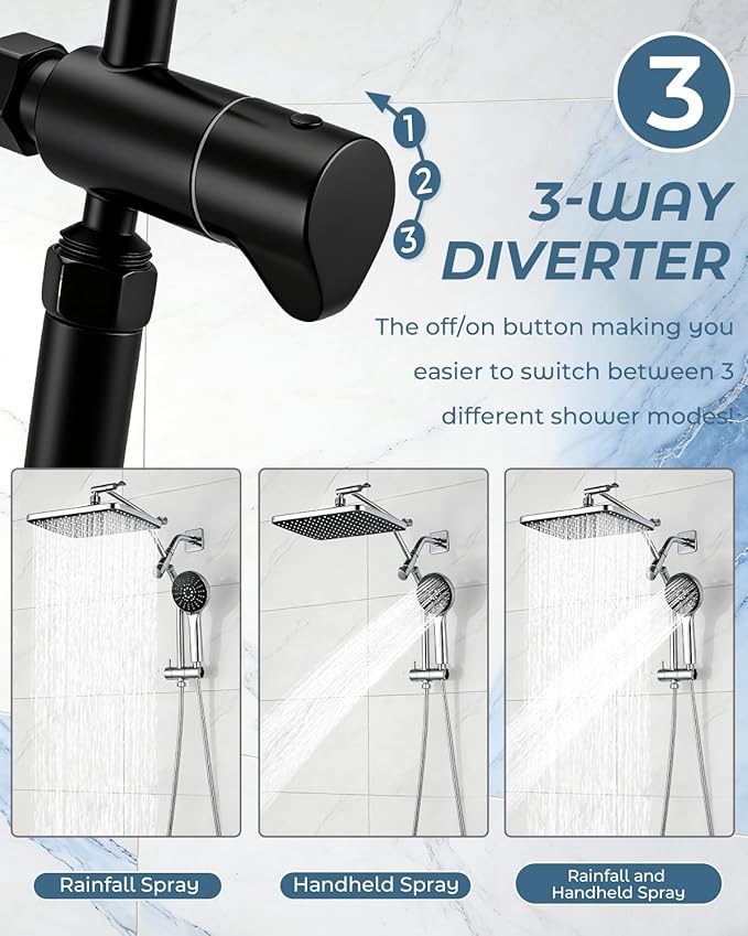 11.8" Rain Shower Head with Handheld, High Pressure Handheld Shower with Multi Spray Modes, Rainfall Combo with Metal Extension Arm, Detachable Dual Showerhead, Bathroom Decor, Matte Black