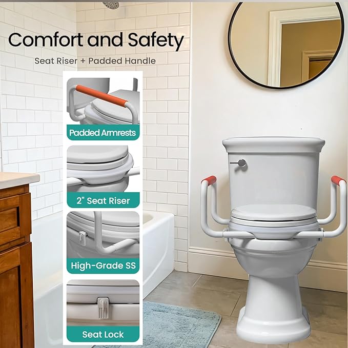 R&T Toilet Seat Riser 2" Raised Seat with Removable Padded Handles Fit for Elongated Toilets
