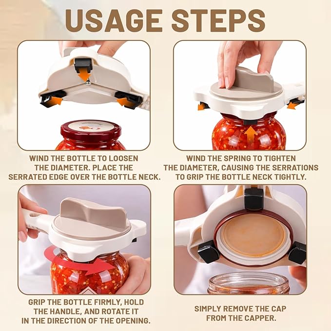 Jar Openers for Seniors, 4-in-1 Multi-Function Jar Opener with Adjustable Three-Prong Design, Stainless Steel Safety Clips for Tight Lids and Bottles, Ergonomic Grip for Home Kitchen Use