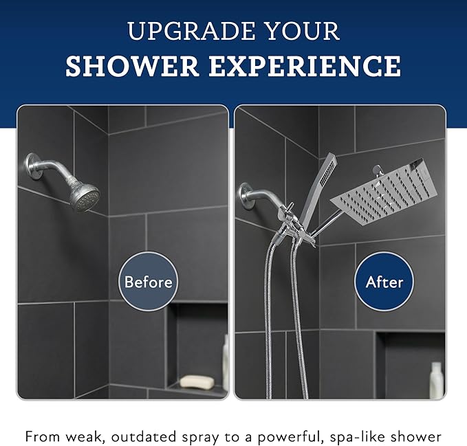 G-Promise All Metal 8 Inch Dual Square Shower Head with Handheld Spray Combo, Rain Shower Head, Adjustable Extension Arm, Smooth 3-Way Diverter, 71 Inch Extra Long Hose - A Bathroom Upgrade (Chrome)