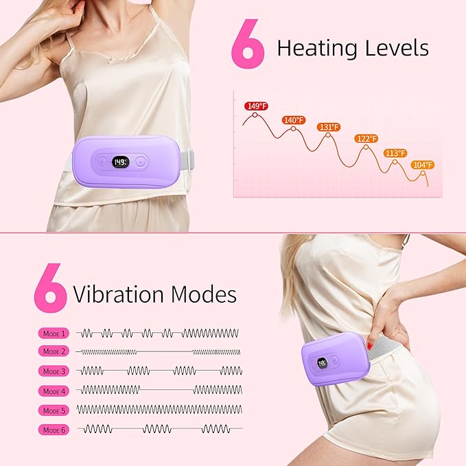 Portable Heating Pad Period Cramps: 2 Timer 6 Heat Levels 6 Vibration Modes Cordless Electric Heating Pad 3s Fast Heating Menstrual Heating Pad (Purple)