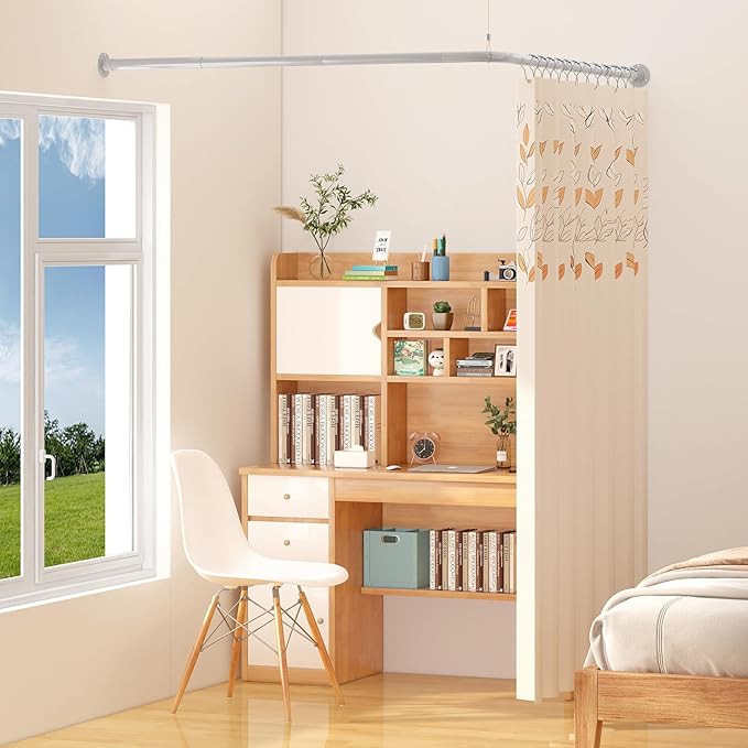 L Shaped Corner Shower Curtain Rod, 24"-37" x 24"-37" Adjustable 90 Degree Curved Bathroom Rod Sqaure Rail No Sag with 12 Hooks & Ceiling Support - Silver Gray