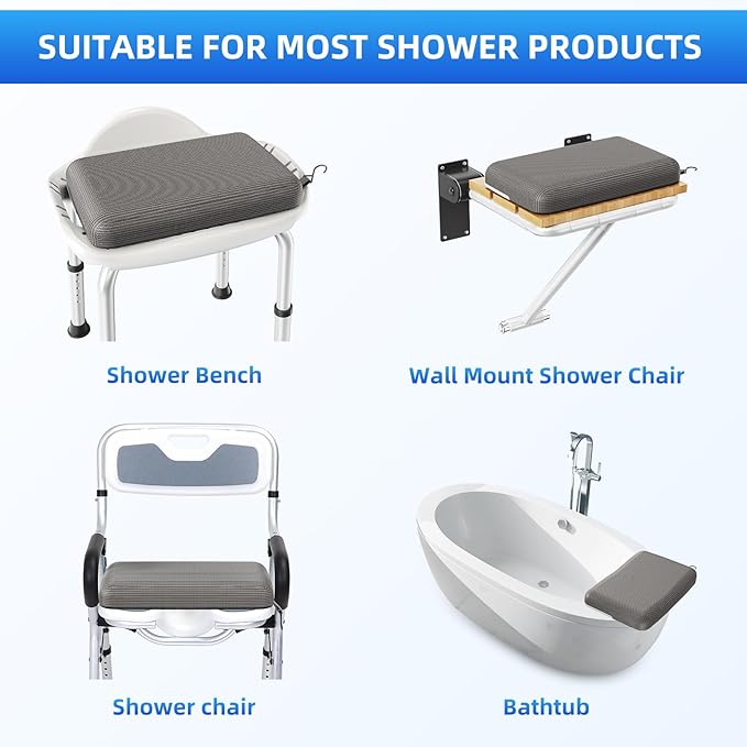 Shower Seat Cushion with Non-Slip Silicone Bottom, Shower Chair Cushion for Transfer Benches,Washable 3D Mesh Pad with Hook,Quick Drying Bathtub Chair Pad for Elderly, Pregnancy