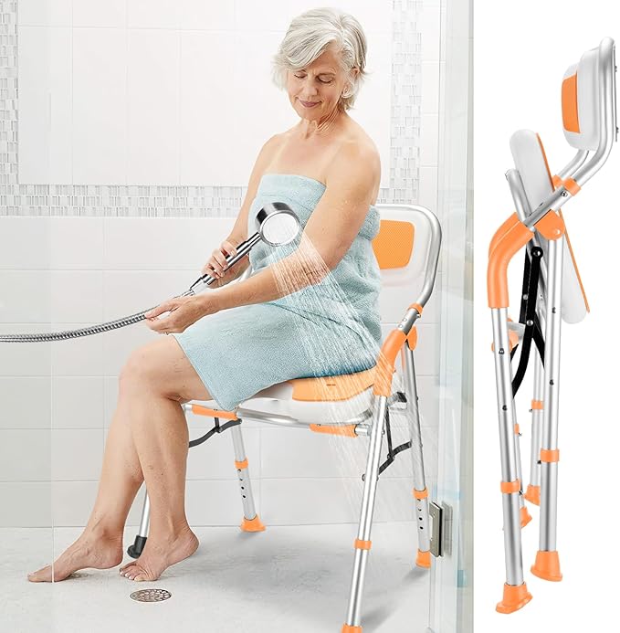 DEWEL Foldable Shower Chair for Elderly and Disabled, Folding Shower Seat with Armrests and Back Height Adjustable, Aluminum Alloy Bath Seat for Inside Shower, 330lbs Capacity (Orange-N)