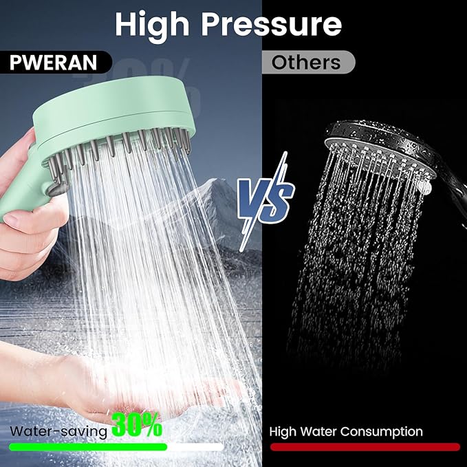PWERAN Filtered Shower Head with Handheld, High Pressure 4 Spray Mode Showerhead with Filters, Water Softener Beads for Hard Water with ON/OFF Switch for Pets - Remove Chlorine (Green, 5 Inch Panel)