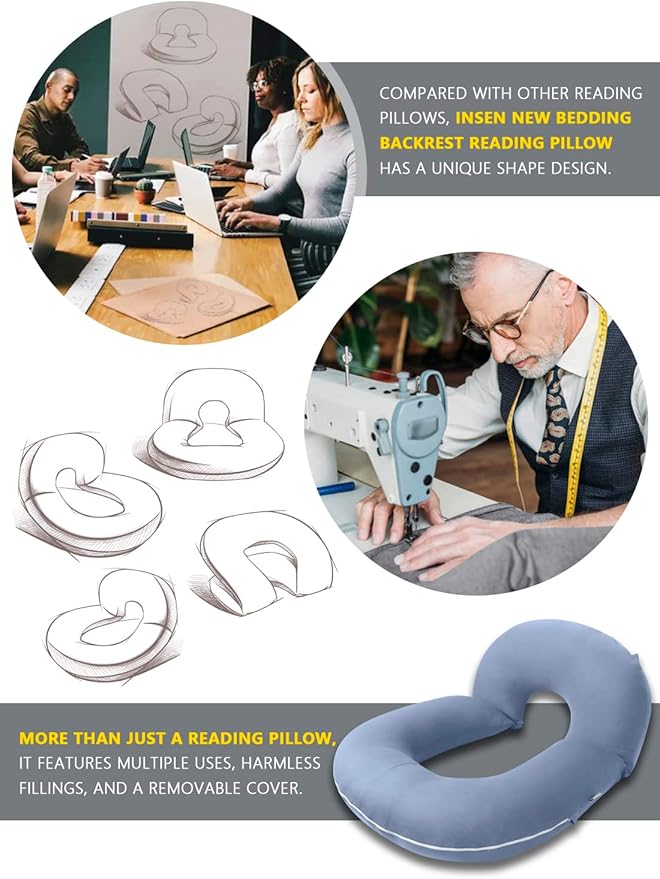 INSEN Reading Pillow, Back Pillow for Sitting in Bed for Reading, Nurse & Relax, Reading Pillow for Adults, Moms & Kids, Sit Up Pillow for Bed, Hazy Blue