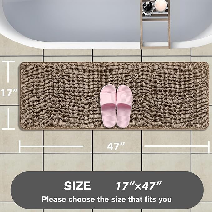 Bathroom Runner Rug 47 x 17 Inch – Long Bath Mat | Absorbent and Washable Thick Chenille Bath Rug Non-Slip Runner Rug for Bathroom, Shower, Sink(Taupe)