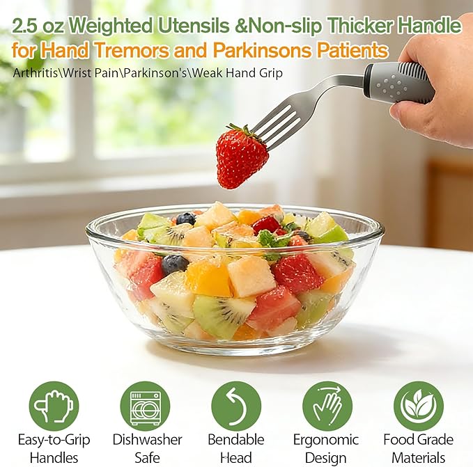 4Pcs Adaptive Utensils for Elderly, Weighted Adaptive Eating Utensils, Adaptive Utensils Set Non-Slip Handles for Hand Tremors Seniors Arthritis Parkinson’s (Left-Handed, Grey)