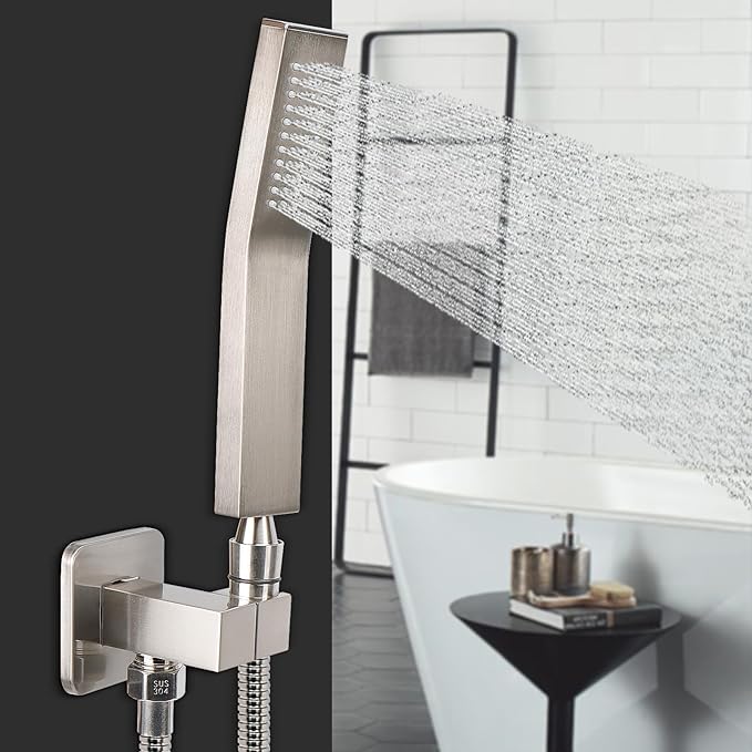 NearMoon Brass Hand Held Shower Head, Luxury High Pressure Shower Kit with Wall Connector and Hose Set, for Bathroom Showering System Contemporary Square Style (Brushed Nickel)