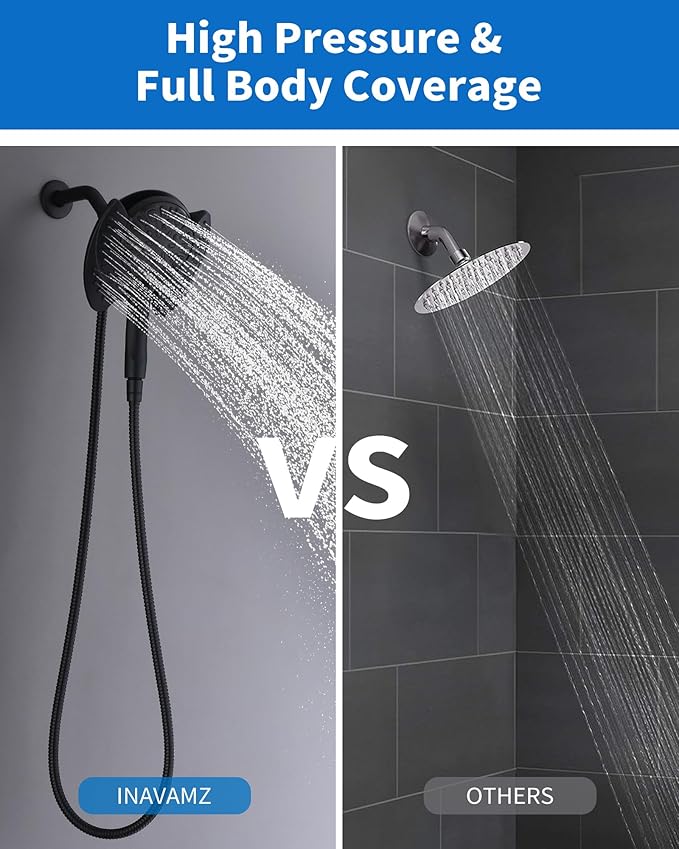 INAVAMZ 2-in-1 Shower Head with Handheld Combo: 2.5GPM Rainfall & Handheld Shower Head Use Together or Alone, 9 Spray Settings Hand Held Shower Head with Hose, Black