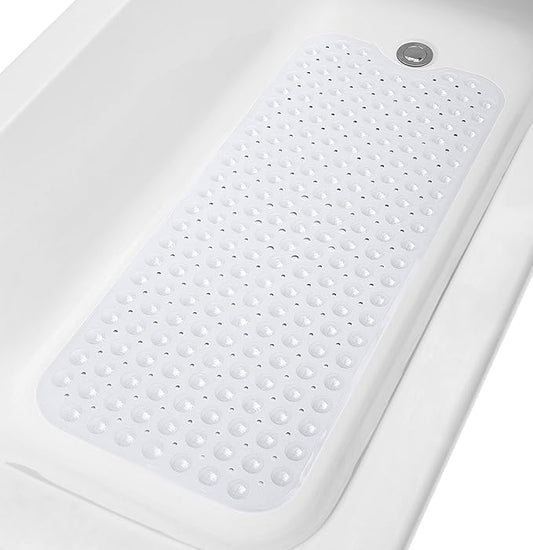 Extra-Long Non-Slip Bathtub & Shower Mat 39”x16” (Smooth/Non-Textured Tubs Only) Safe, Clean, Machine-Washable, Superior Grip&Drainage, Vinyl, Opaque White