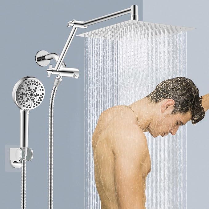12” All Metal Rain Shower Head, High Pressure Rainfall Shower Head with Handheld Spray Combo, 5” Handheld Spray Powerful Clean 10-Mode, 16" Shower Extension Arm, 71" Hose, 3-Way Diverter, Chrome