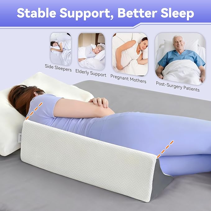 Vekkia Wedge Pillow for Side Sleeping, Ergonomic Back Support Pillow with High-Density Foam for Pregnancy Support, Back Pain, Preventing Bedsores, Surgery Recovery, Removable Cover, White/Gray