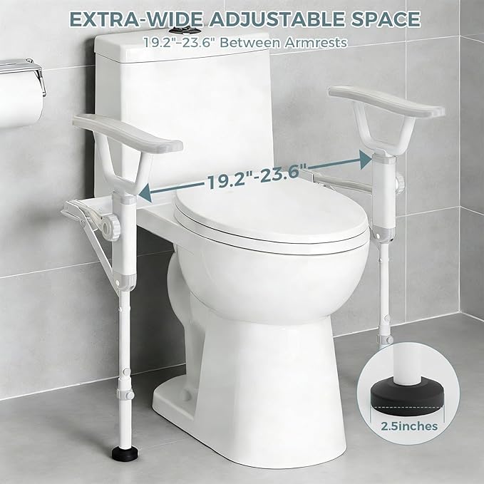 AbyssZen Folding Toilet Safety Rails - Adjustable Bathroom Support Frame with Foldable Arms for Elderly, Seniors, Post-Surgery Recovery, and Pregnant Women - Tool-Free Installation, Sturdy Grab Bar