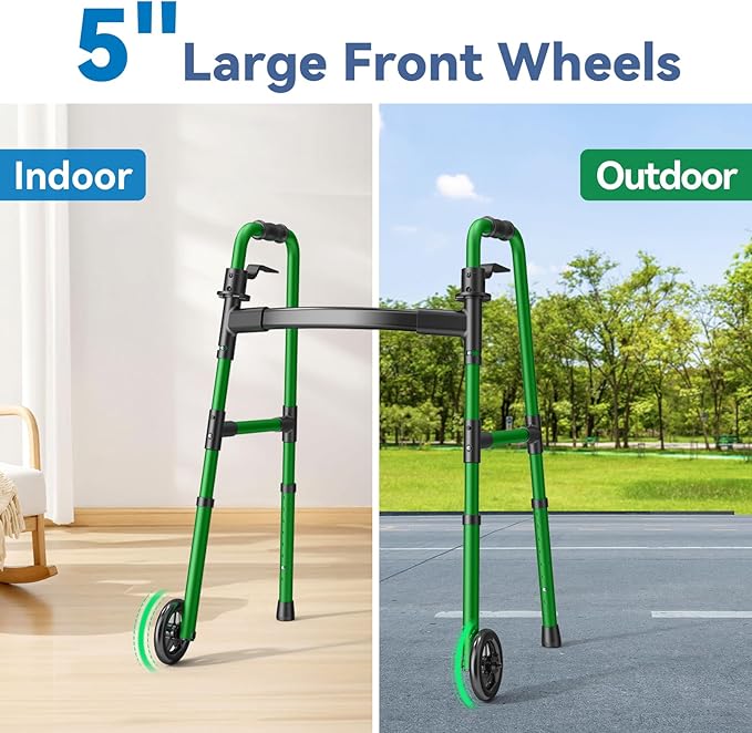 Loyoda Folding Walker with 2 Skis and 5" Wheels, Lightweight Walkers for Seniors and Adults, Supports Up to 350 Pounds, Adjustable Height, Compact Standard Walker, Green