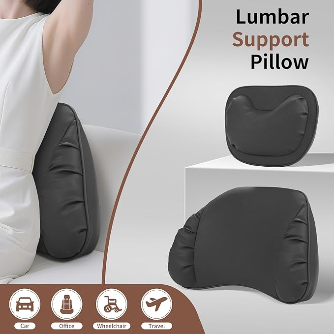 Lumbar Support Pillow for Car Seat, Memory Foam Leather Lumbar Pillow for Lower Back Pain Relief - Back Cushion for Driving - Chair Support for Office Chair, Gaming Chair, Black, 1 Pack