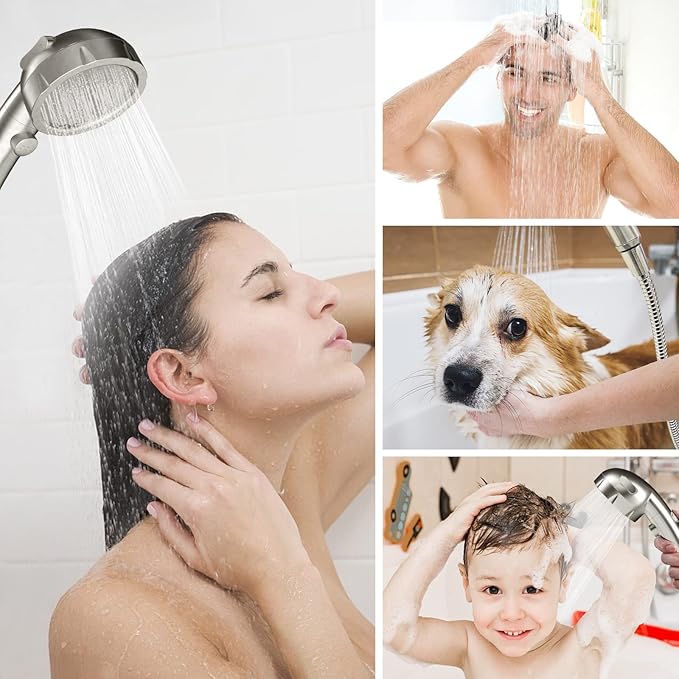HANLIAN High Pressure Shower Head with Pause Button, 3 Spray Modes Shower Head for RV Camper, Water Saving On Off Shower, Handheld Shower Head with Hose and Self-adhesive Holder (Brushed Nickel)
