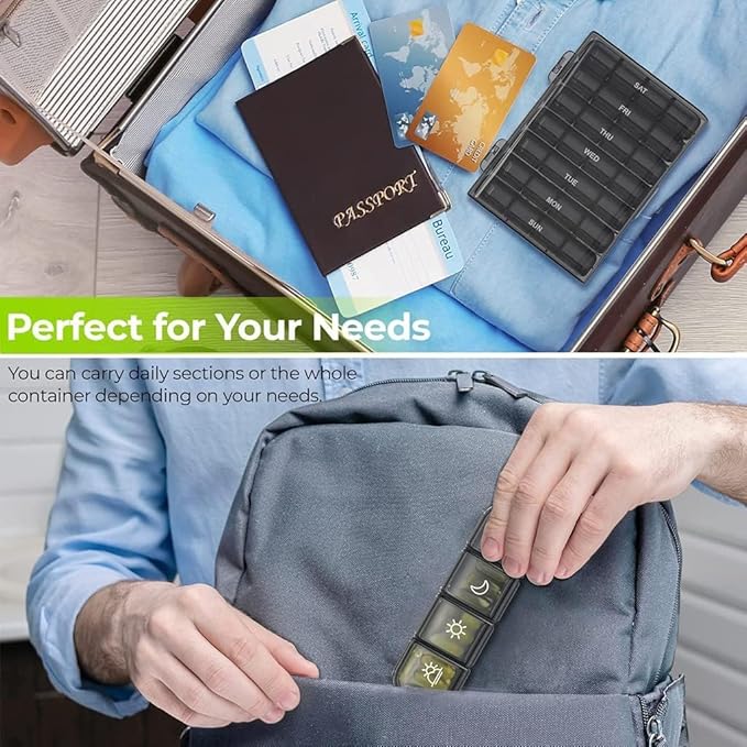 2 Pack Weekly Pill Organizer 4 Times a Day, Portable Travel Daily Pill Box 7 Day, 2 Week Medicine Holder Case for Fish Oil, Vitamin, Supplement