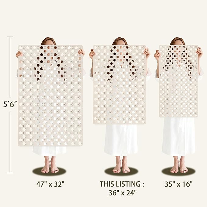 Tiamo Non Slip Large Shower Mats for Inside Shower 20.87" x 33.86",TPE Bath Mat for Outside Shower,Extra Large Bathtub Mat with Suction Cups and Big Drain Holes,Apricot