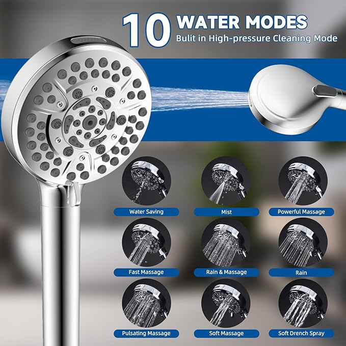 All Metal Dual Shower Head Easy Reach, High Pressure 10-Spray Handheld & Rainfall Shower Head Combo with Shower Extension Arm, 71" Hose, 3-way Diverter, Brass Shower Bracket, Chrome