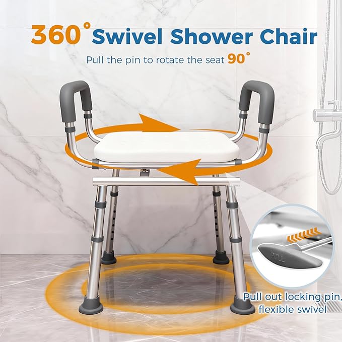 Swivel Shower Chair with Arms, Heavy Duty Shower Seat for Inside Shower Stall & Bathtub, Height Adjustable Safety Bath Seat for Elderly, Handicap, Disabled & Adults