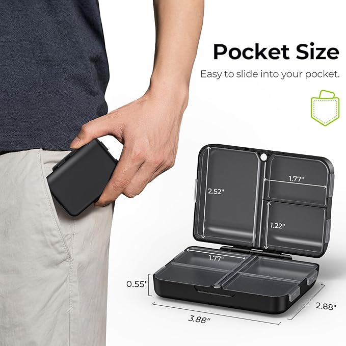 AUVON Daily Pill Organizer Fit with Your Purse or Pocket, Compact Pill Case Travel Essentials with Magnetic Folding Closure & Long-Lasting Hinges, Pill Box for Fish Oils, Supplement, Vitamins (Black)