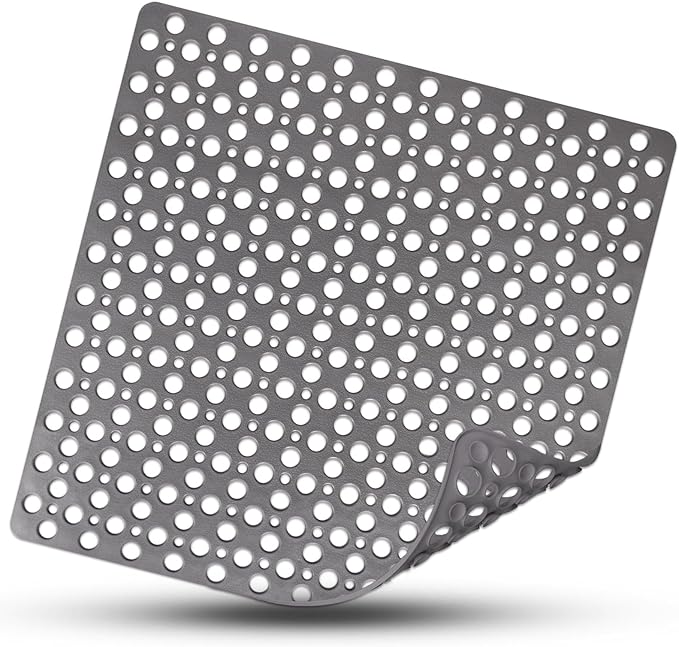 Square Shower Mat Non Slip, 27" x 27" Large Shower Mats for Inside Shower, Soft TPE Shower Floor Mat with Suction Cups and Big Drain Holes, Anti Slip Shower Stall Matt, Grey
