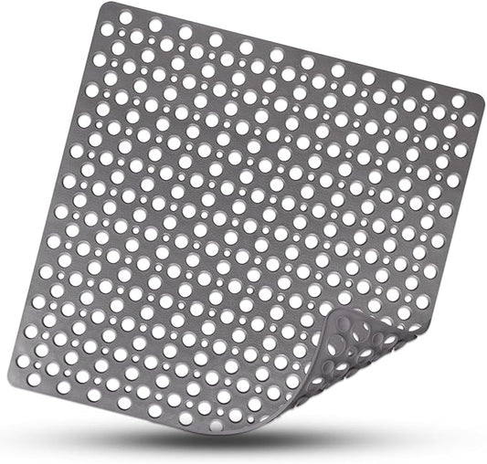 Square Shower Mat Non Slip, 27" x 27" Large Shower Mats for Inside Shower, Soft TPE Shower Floor Mat with Suction Cups and Big Drain Holes, Anti Slip Shower Stall Matt, Grey
