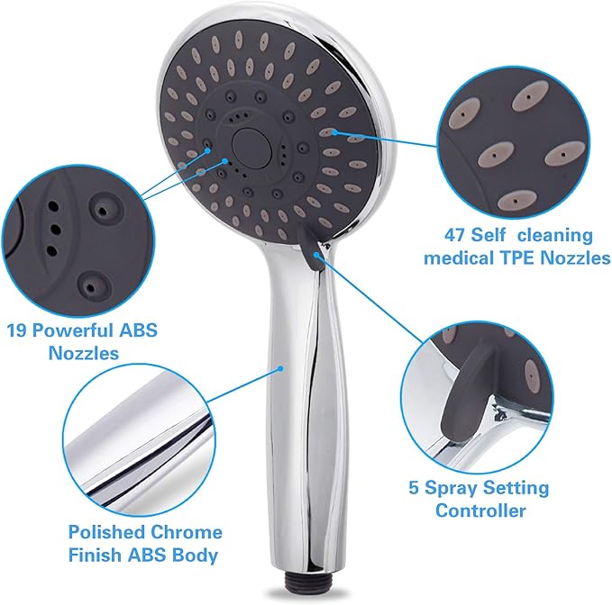 High Pressure Handheld Shower Head Briout 5-Settings Powerful Water Spray Shower Head against Low Pressure Water Flow with Stainless Hose and Adjustable Mount