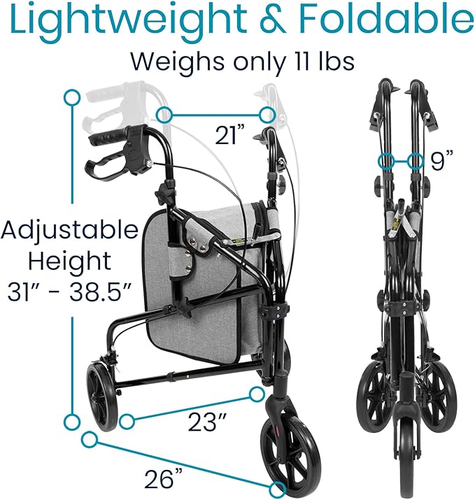 Vive Mobility 3 Wheel Walker - Three Wheeled Rollator for Seniors - Lightweight, Foldable, Narrow, Heavy Duty - for Elderly Men Women - Folding 3-Wheel Tri Scooter with Basket Bag