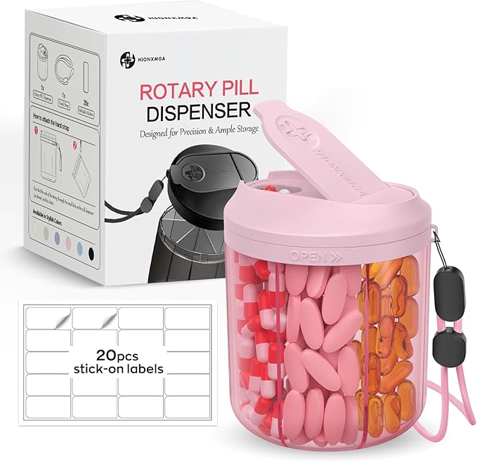 Hionxmga Pill Dispenser with 7 Large Compartments, Pill Bottle Organizer for Travel, Supplement Organizer with Anti-Mixing Design, Pink