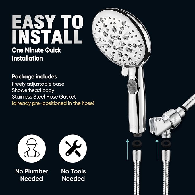 Cobbe 9-Function Shower Head with Built-in Power Spray, 1.8 GPM Water Saving ON/OFF Toggle Switch, High Pressure Handheld Showerhead with 1-Click Pause Button, Brass Bracket & 6ft Hose, Chrome