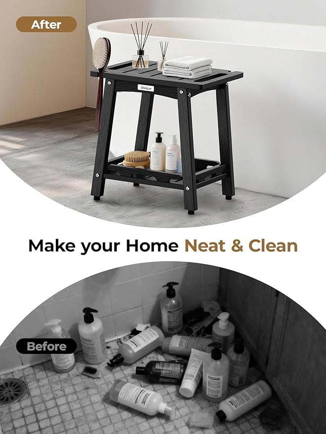 Shower Bench Seat, Non-Slip Shower Benches for Inside Shower to Sit on, HDPE Waterproof Shower Stool for Shaving Legs, Shower Chair with Adjustable Feet for Bathroom, Indoor/Outdoor Use, Black