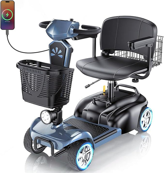 15/25/30/50Miles Eldryvon 4 Wheels Electric Mobility Scooter for Seniors, Dual Basket, 350W Powered Wheelchair with Rotating Seat, Foldable Motorized Scooter for Adults (Grey, 15Miles)