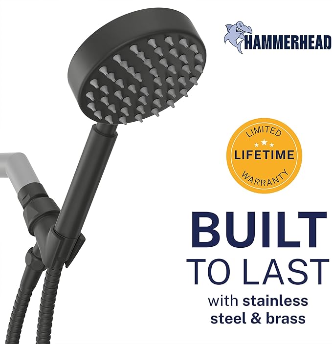 HammerHead Showers® Solid Metal LOW FLOW Handheld Shower Head with Hose and Brass Holder - MATTE BLACK – Water Saving 1.75 GPM Detachable Shower Head - Adjustable Shower Wand Bracket & 6ft Hose