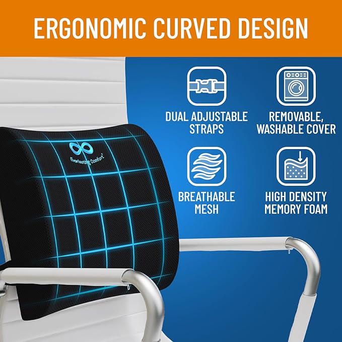 Everlasting Comfort Lumbar Support Pillow & Wheelchair Cushion Bundle - Office Chair Back Support Improves Posture, Eases Back Pain - Ventilated Gel Seat Cushion for Chair, Seniors, & Adults