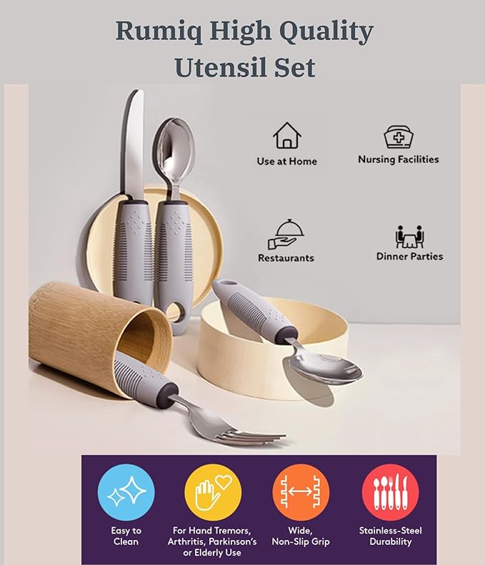 Adaptive Utensils 4-Piece Set – Weighted Utensils for Parkinson’s & Hand Tremors, Built-Up Non-Slip Handles, Arthritis Silverware for Elderly & Seniors, Stainless Steel Flatware