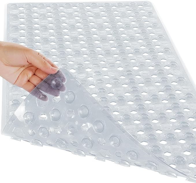 Yimobra Bathtub Mat Non Slip, 27.5"x15.5" Machine Washable Shower Floor Mat, Soft on Feet, Bathmat with Drain Holes and Suction Cups, Bathroom Essentials, Clear
