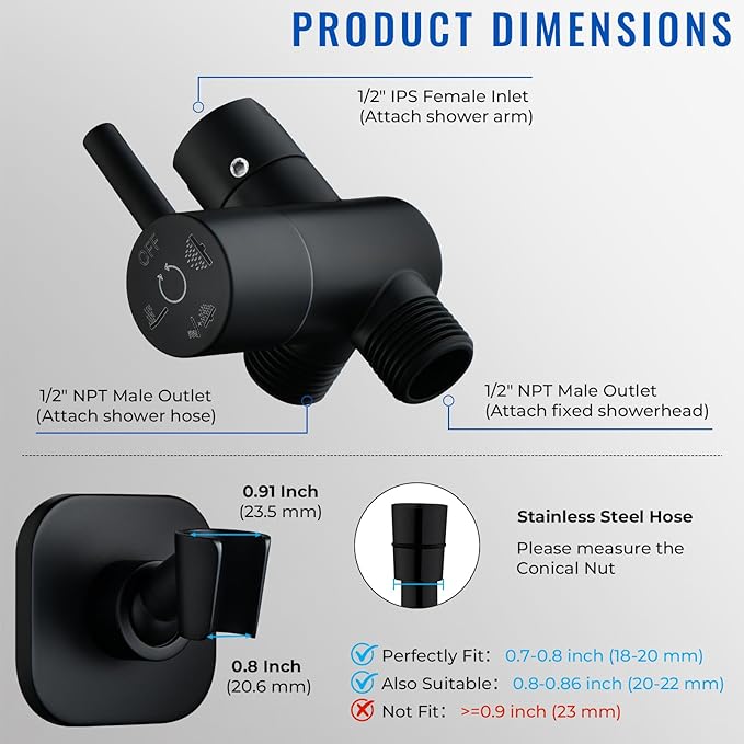 G-Promise All Metal High Flow Shower Diverter Valve with Adjustable Shower Head Holder, Universal 3-Way Splitter with Pause Mode for Handheld and Fixed Spray Head Adapter Replacement (Matte Black)